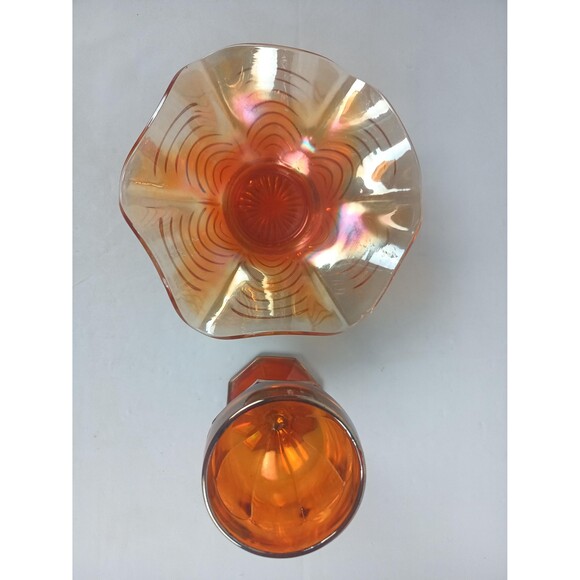 Vintage Bowl And Goblet Handmade Orange Carnival Glass Reverse Ruffled Edges - Picture 5 of 10